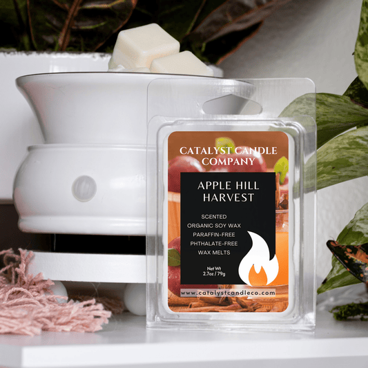 Apple Hill Harvest. Fall aroma. Hot apple cider and autumn leaves scented soy wax melts. non-toxic soy tarts. Catalyst Candle Company, LLC