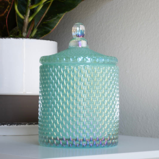Aqua diamond cut glass jar. candle refill vessel. sustainable candle collection. Catalyst Candle Company, LLC