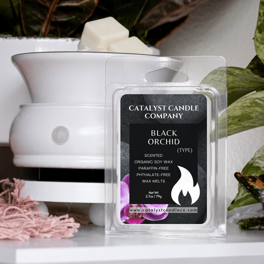 Black Orchid soy wax melts. Masculine scented wax melts. non-toxic soy wax tarts. Catalyst Candle Company, LLC
