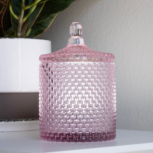 Pink diamond cut glass vessel. refill vessel. refill candle collection. Catalyst Candle Company, LLC
